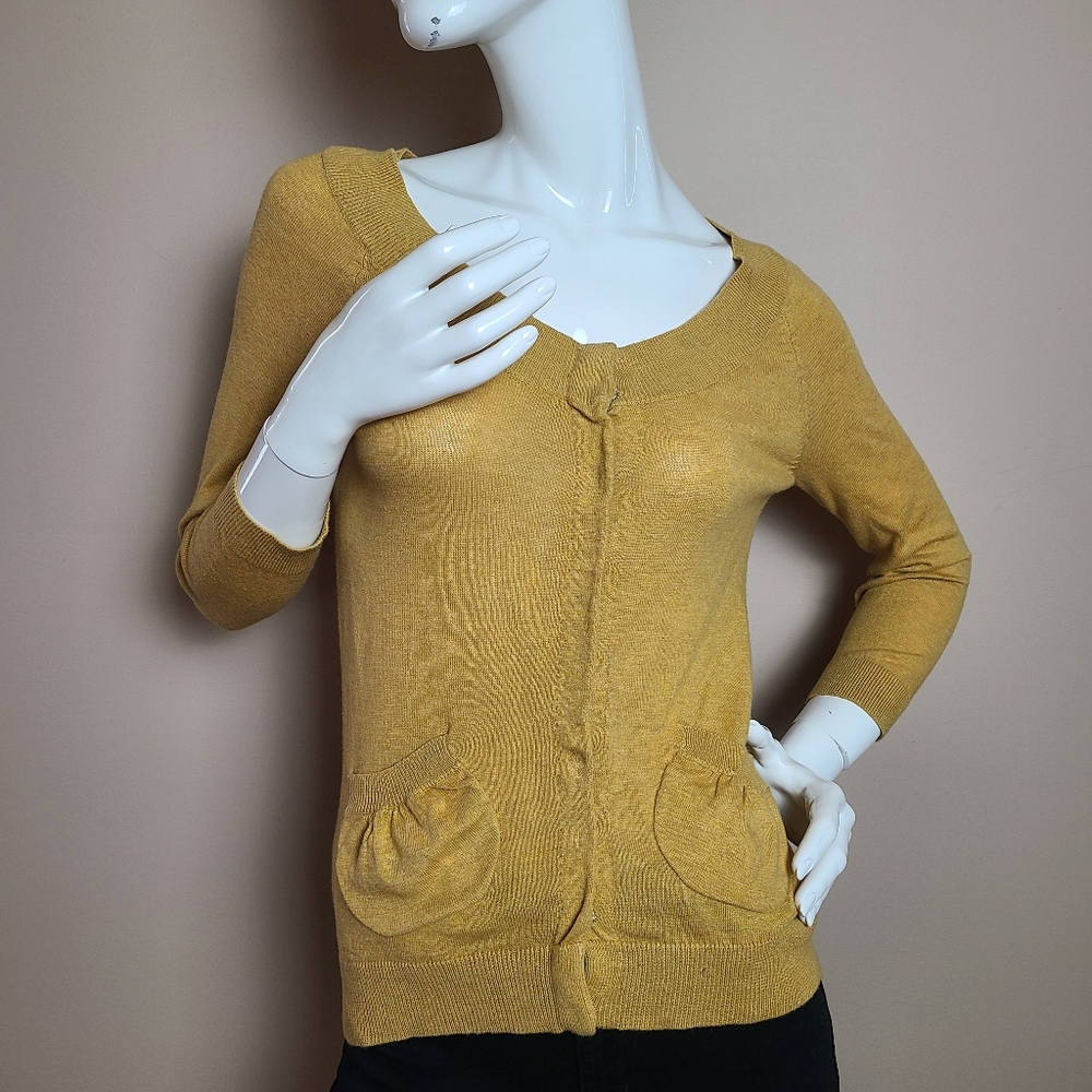 Women's Yellow Mustard 3/4 sleeves Lightweight Round Neck Knit Cardigan